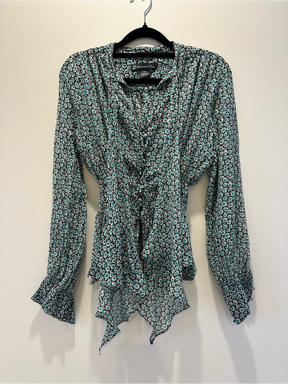 Celia Birtwell by Express Teal and Brown Printed Ruffle Hem Blouse